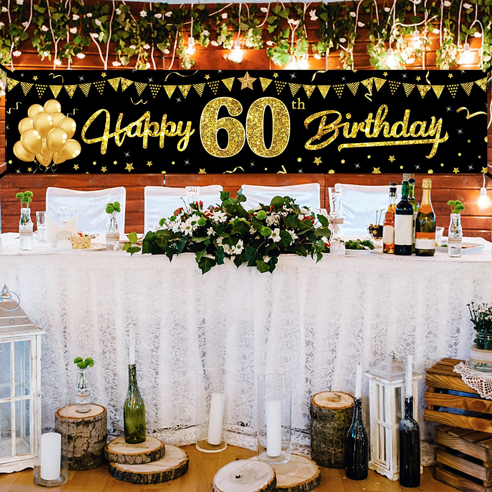 Happy 60Th Birthday Banner Decorations For Men Women, Black Gold 60 Birthday Sign Party Supplies For Yard, Funny Sixty Birthday